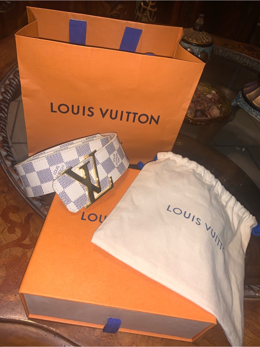 Louis Vuitton White and Blue Damier Azur LV Initiales Belt with Gold Buckle